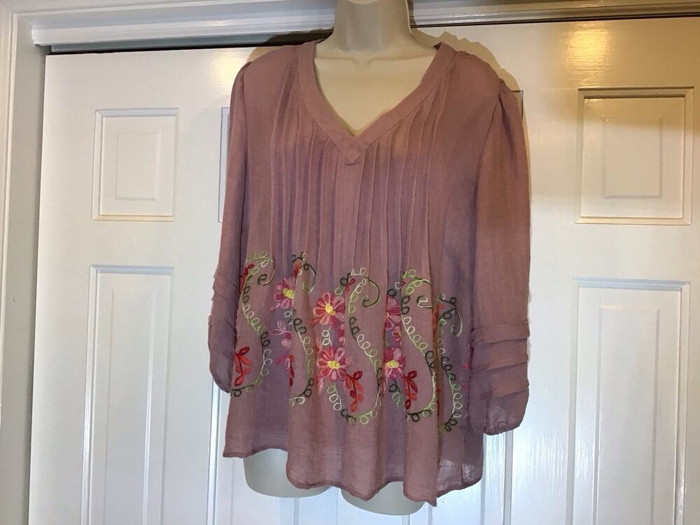 Olive Hill Boho Women Top L Embroidered Bell Sleeve Pink Cottage Coastal Cowgirl